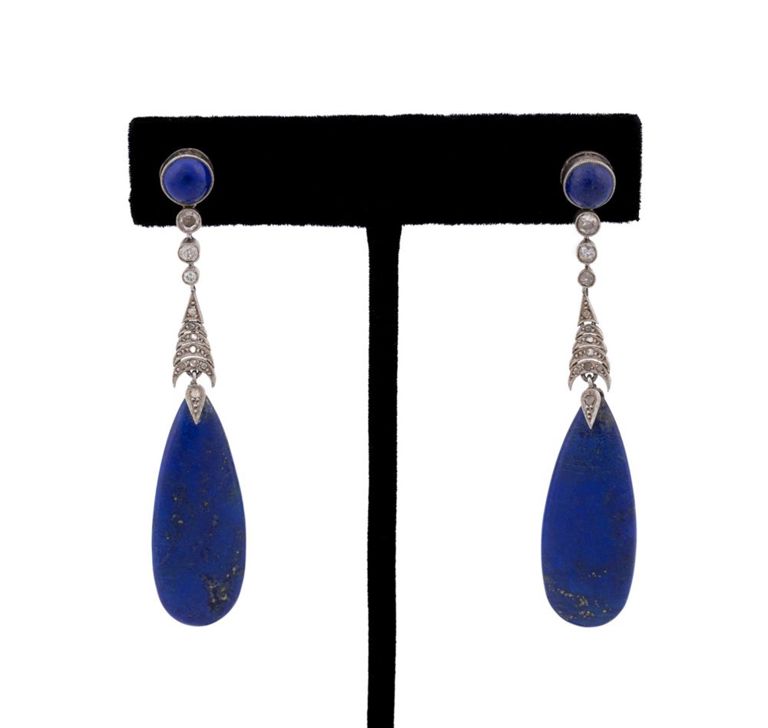 Platinum Lapis Lazuli and Diamond Drop Earrings