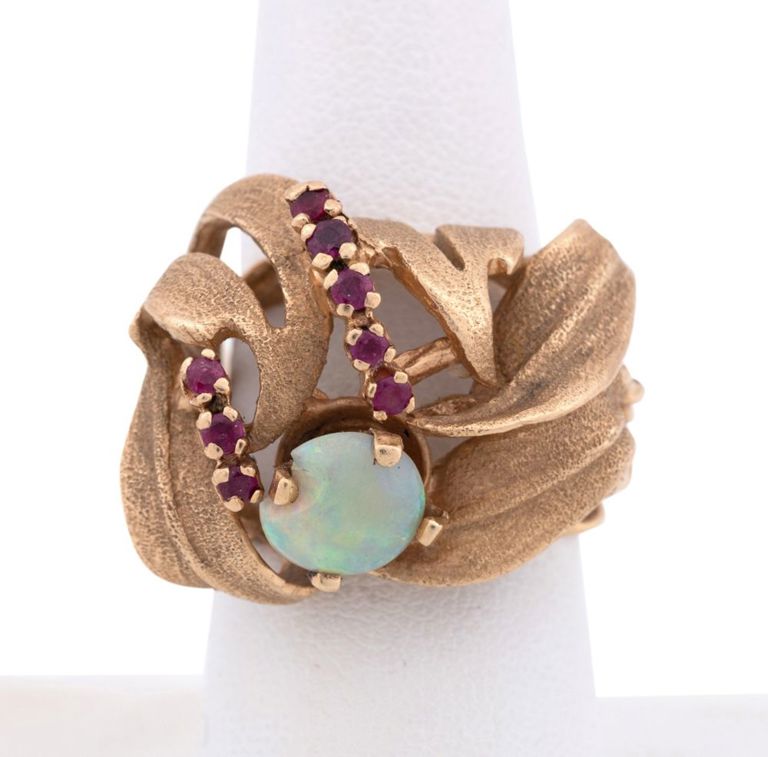 14k Yellow Gold Opal and Ruby Foliate Ring