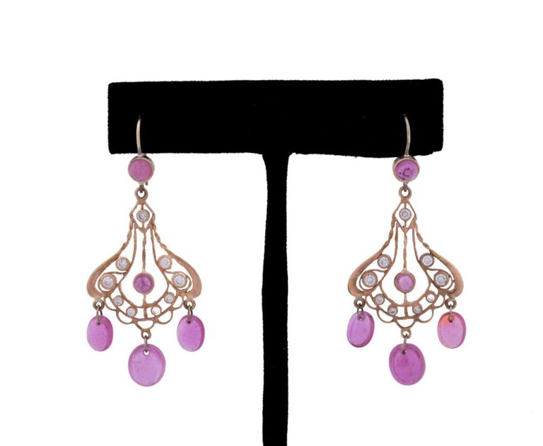 14k Rose Gold Ruby and Diamond Dangle Earrings