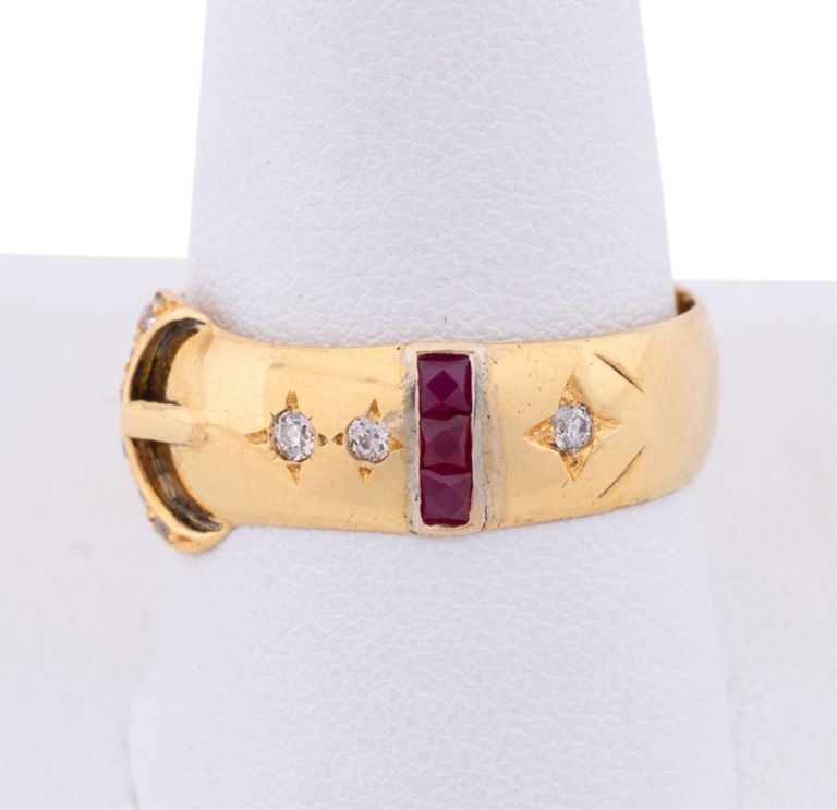 9k Yellow Gold Ruby and Diamond Buckle Ring