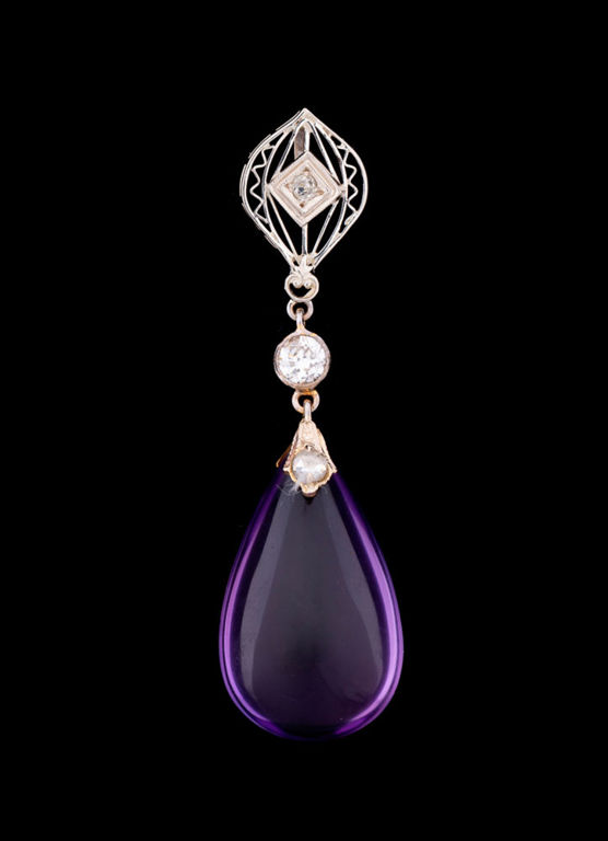 14k Gold Amethyst and Diamond Drop Pendant
