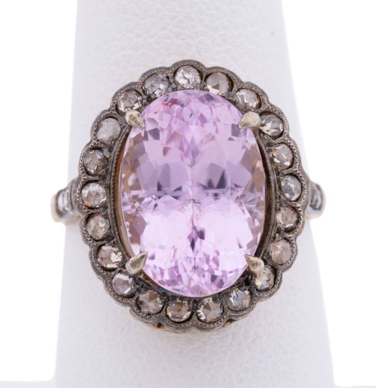 18k Gold and Silver Kunzite and Diamond Ring