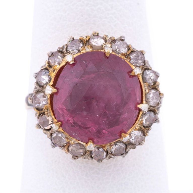 18k Gold and Silver Rubellite and Diamond Ring