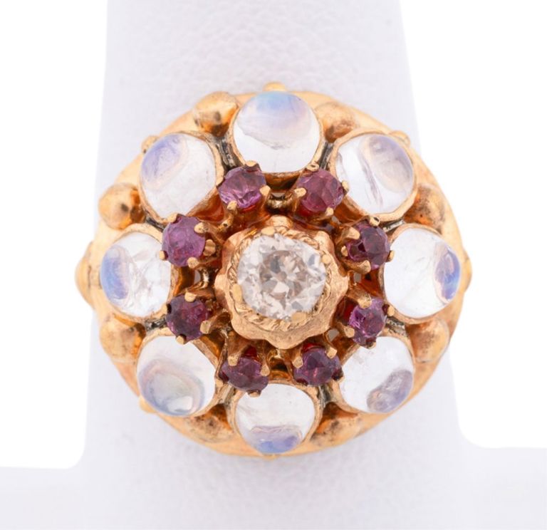 10k Yellow Gold Moonstone, Ruby, and Diamond Ring
