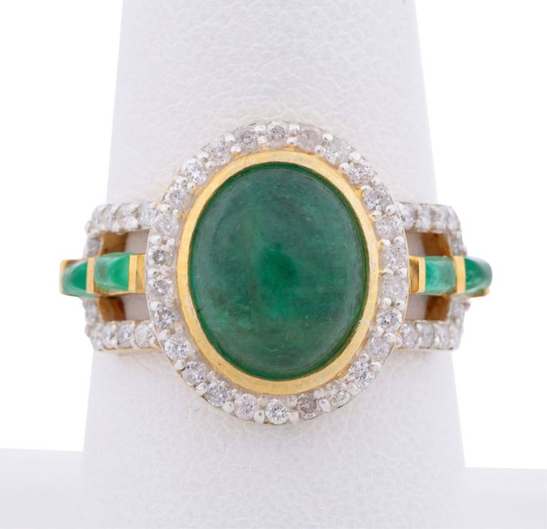 18k Gold and Silver Emerald and Diamond Ring