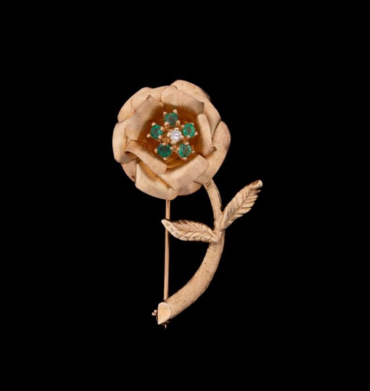 14k Yellow Gold Emerald and Diamond Rose Brooch