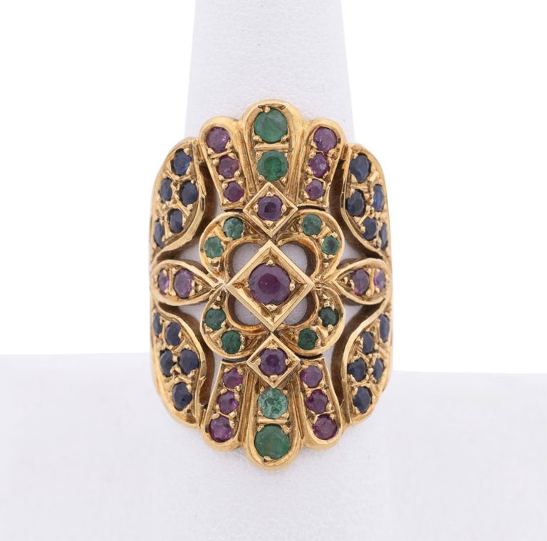 18k Gold Sapphire, Ruby and Emerald Cocktail Ring