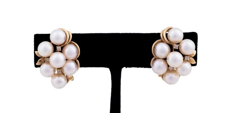 14k Yellow Gold Pearl and Diamond Clip Earrings