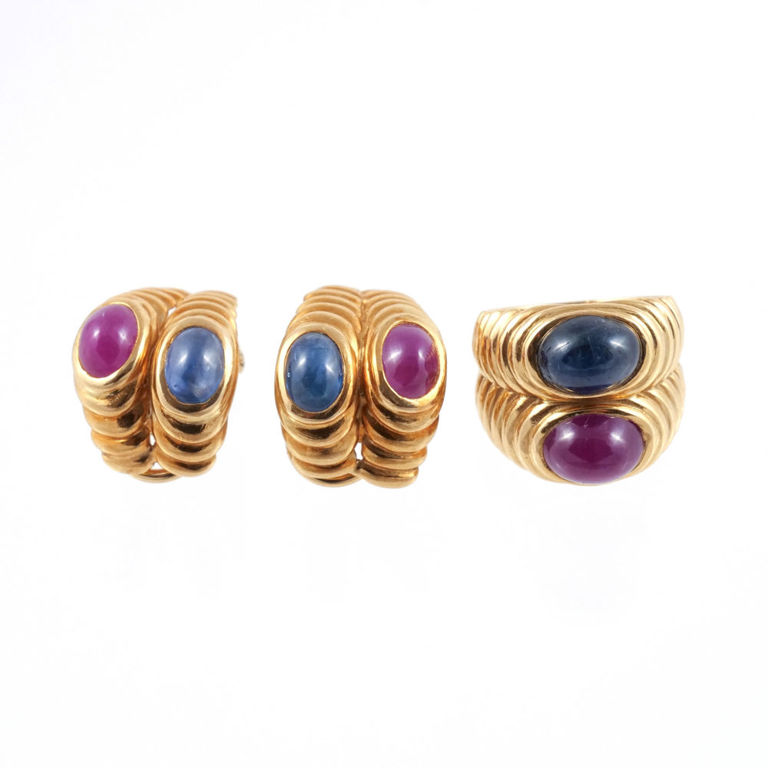 18k Gold Sapphire and Ruby Jewelry Set