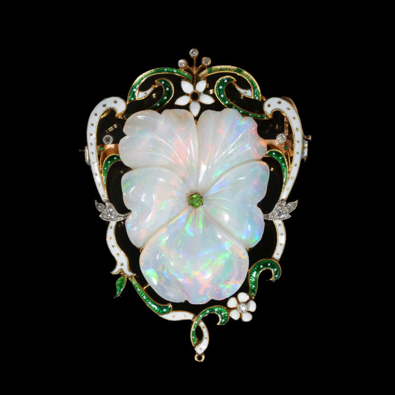 18k Gold Opal and Diamond Brooch