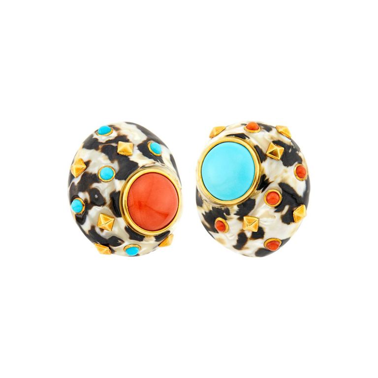Pair of 18k Gold Coral and Turquoise Earrings