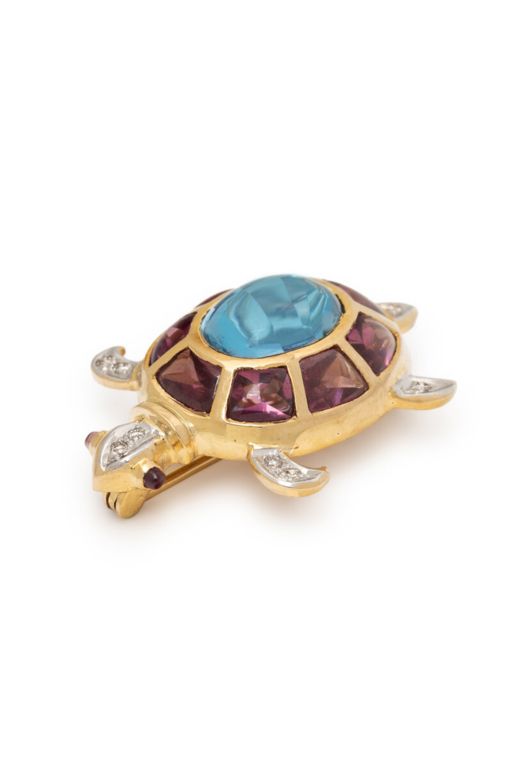 14k Yellow Gold Multi-Gem Turtle Brooch