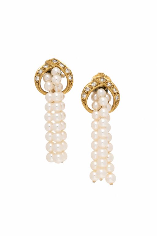 18k Yellow Gold Pearl and Diamond Earrings