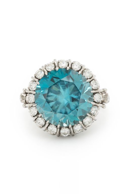 14k White Gold Blue Zircon and Diamond Ring