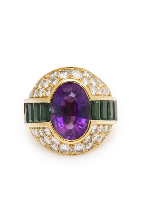18k Gold Amethyst, Tourmaline and Diamond Ring
