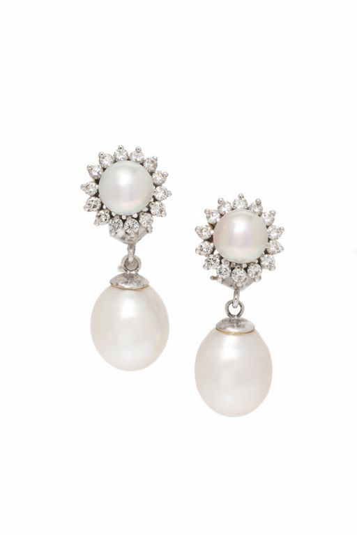 White Gold Pearl and Diamond Drop Earrings