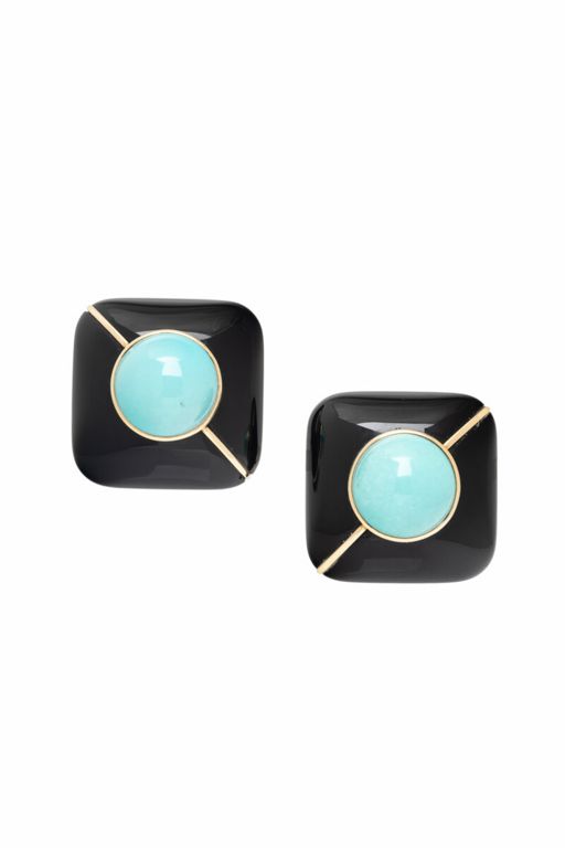 14k Yellow Gold Turquoise and Onyx Earrings