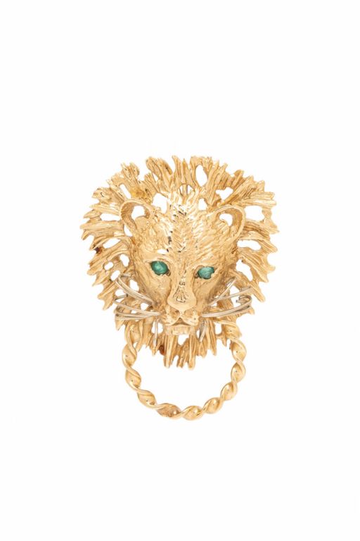 14k Yellow Gold Emerald Lion Door Knocker Pendant