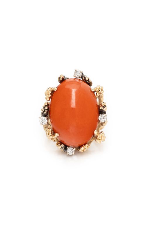 14k Yellow Gold Coral and Diamond Ring
