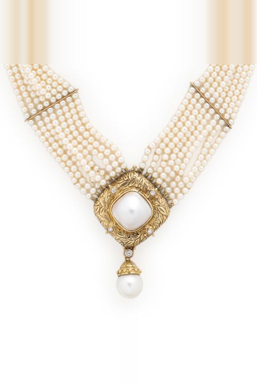 14k Yellow Gold Pearl and Diamond Necklace