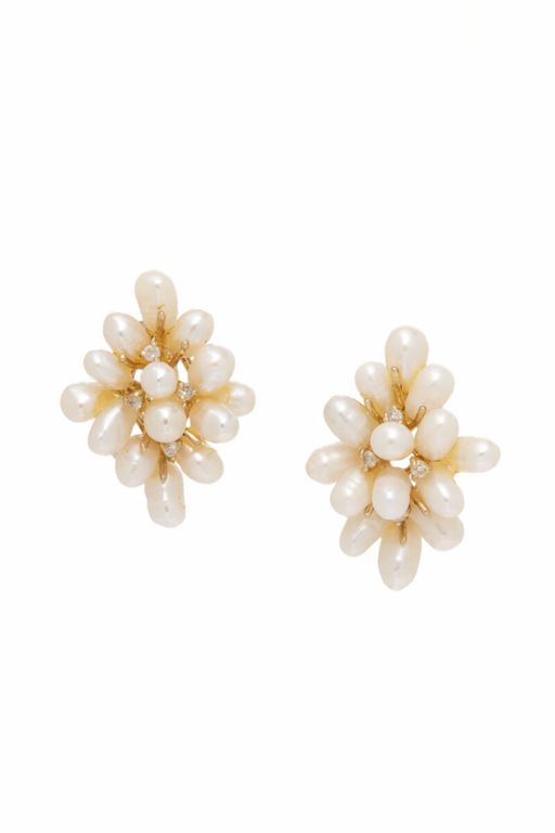 14k Yellow Gold Pearl and Diamond Cluster Earrings