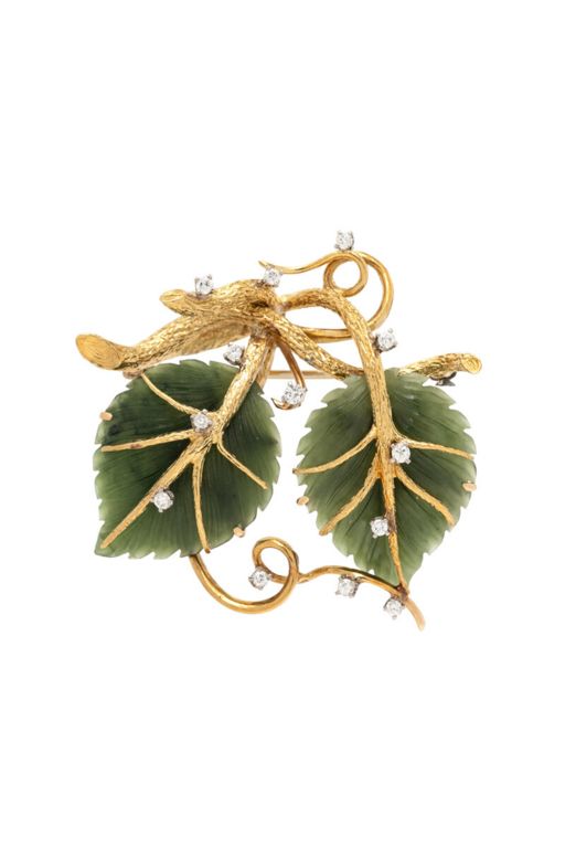 14k Yellow Gold Jade and Diamond Foliate Brooch