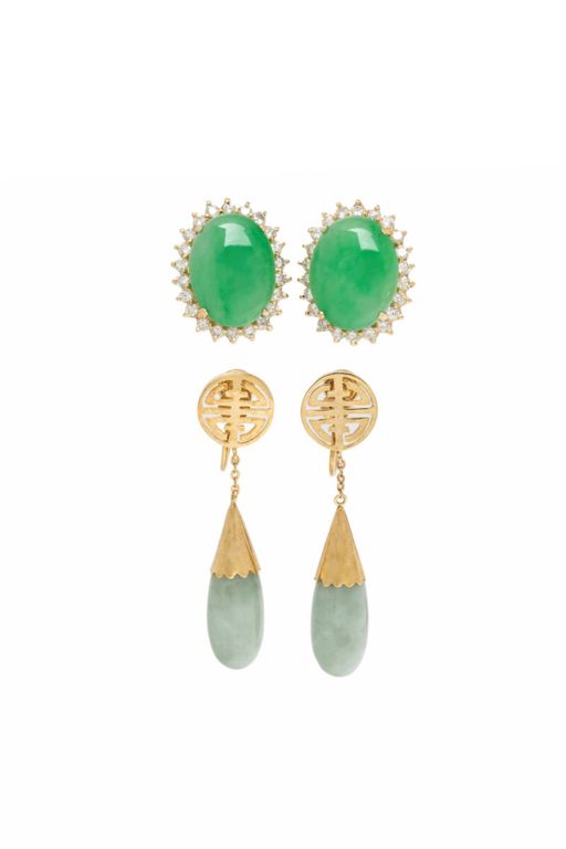 Two Pairs of 14k Yellow Gold Jade Earrings