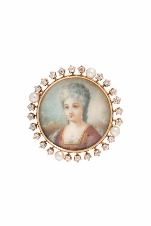 14k Rose Gold Pearl and Diamond Portrait Brooch