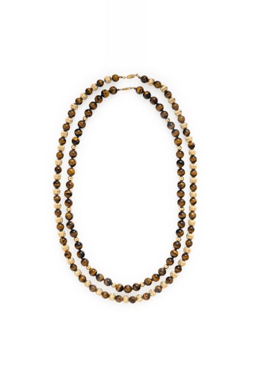 Two 14k Yellow Gold Tiger's Eye Bead Necklaces