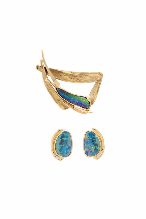 14k Yellow Gold Opal and Diamond Jewelry Set