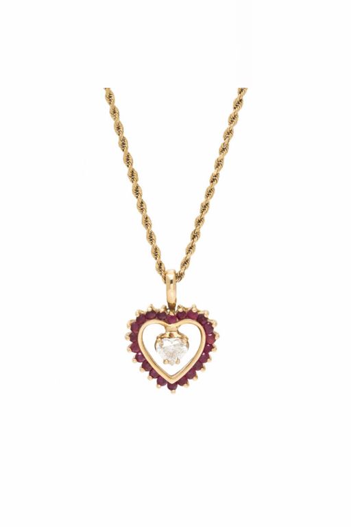 14k Gold Diamond and Ruby Heart Pendant Necklace