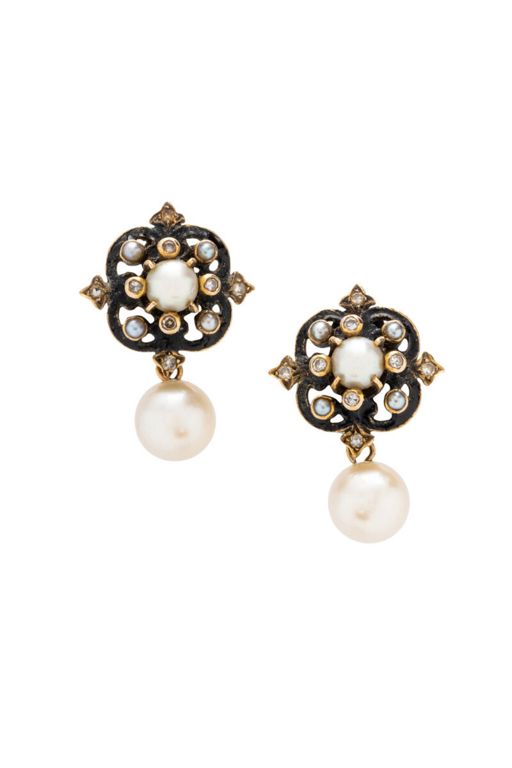14k Yellow Gold Diamond, Pearl and Enamel Earrings
