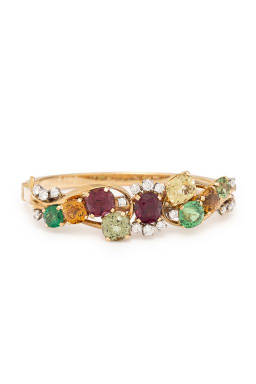 14k Yellow Gold Garnet and Diamond Bangle Bracelet