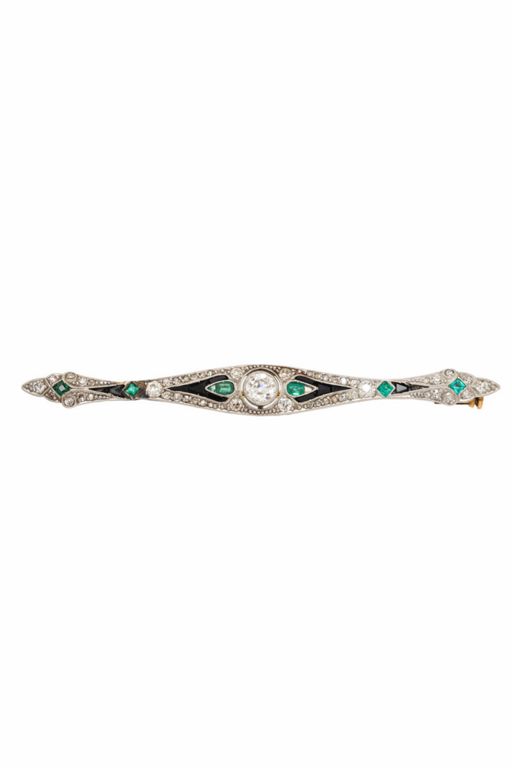 Platinum and Gold Diamond, Onyx and Emerald Brooch