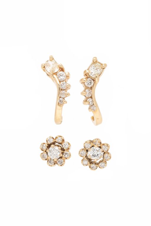 Two Pairs of 14k Yellow Gold Diamond Earrings