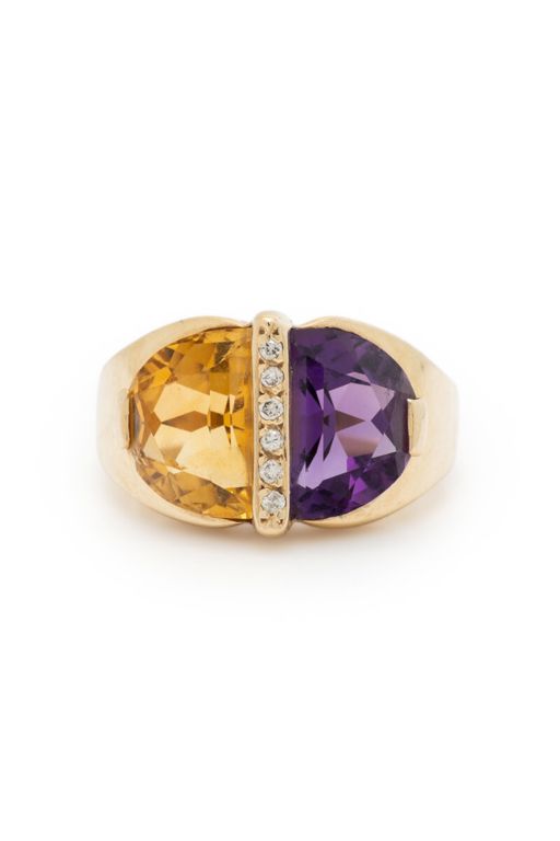 14k Yellow Gold Amethyst, Citrine and Diamond Ring