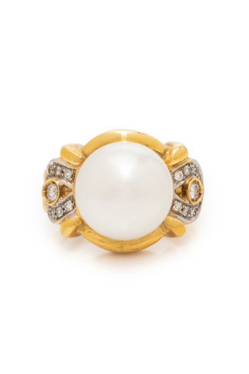 18k Yellow and White Gold Pearl and Diamond Ring