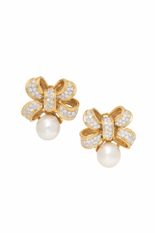 18k Yellow Gold Pearl and Diamond Bow Earrings