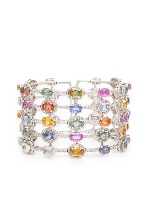 18k Gold Sapphire, Ruby and Diamond Cuff Bracelet