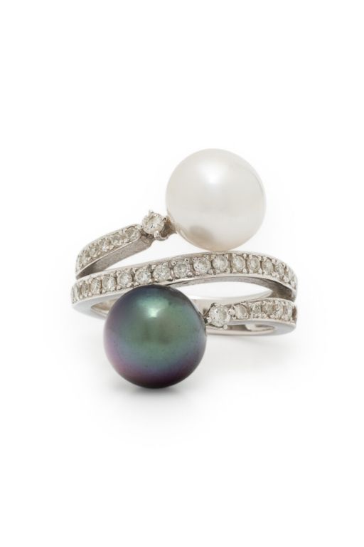 18k White Gold Pearl and Diamond Bypass Ring
