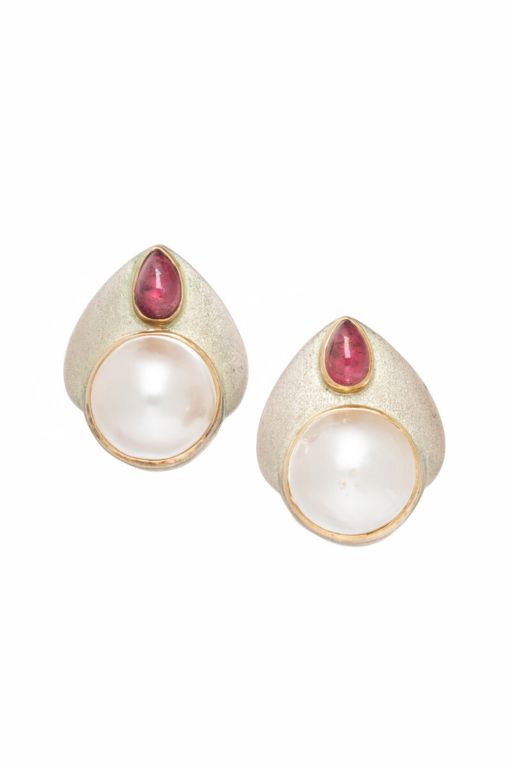 Silver and 14k Gold Pearl and Tourmaline Earrings