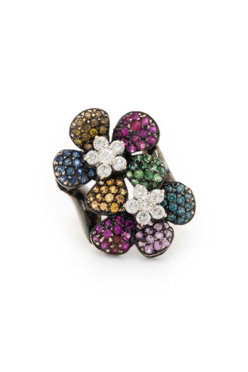 18k Two-Tone Gold Multi-Gem Flower Ring
