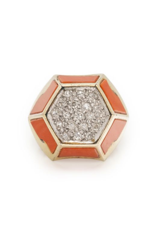 14k Yellow Gold Coral and Diamond Ring