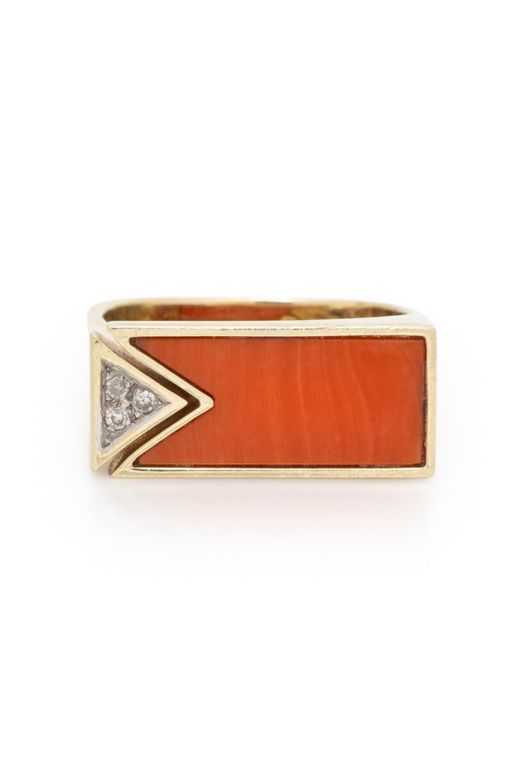 14k Yellow Gold Coral and Diamond Ring