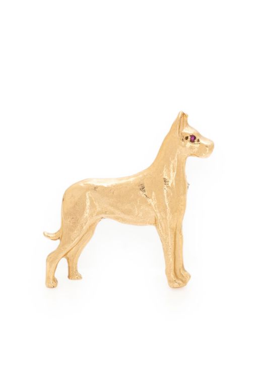 14k Yellow Gold Pink Stone Great Dane Brooch