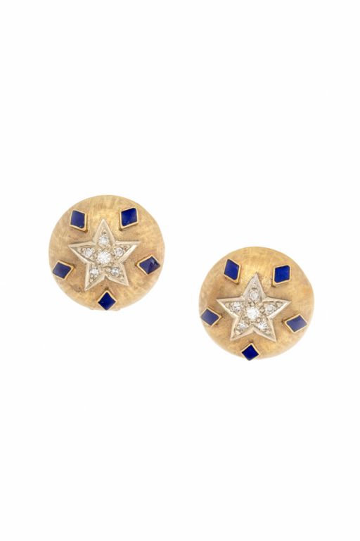 14k Yellow Gold Enamel and Diamond Star Earrings