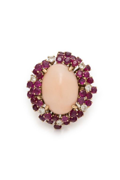 14k Yellow Gold Coral, Ruby and Diamond Ring
