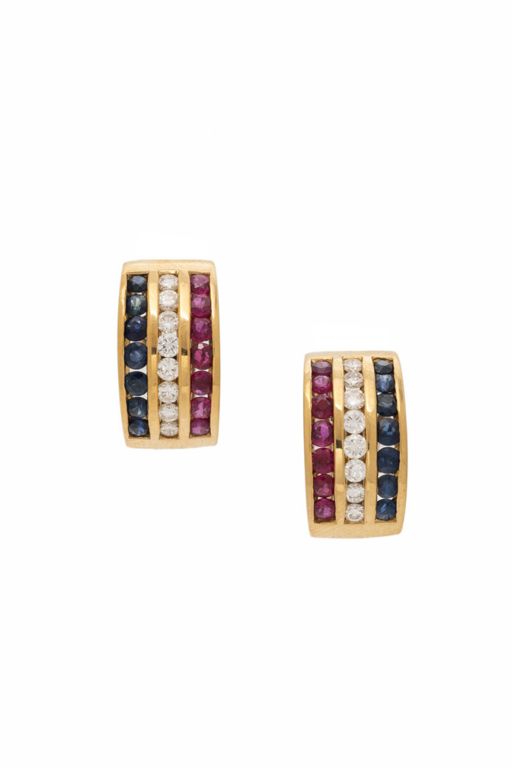 18k Gold Sapphire, Diamond and Ruby Clip Earrings