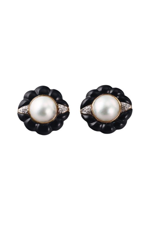 14k Gold Pearl and Onyx Earrings