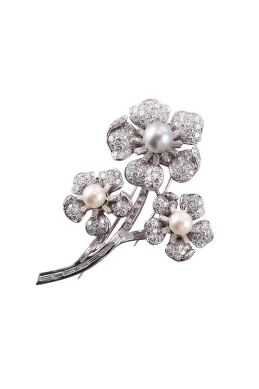 Platinum Pearl and Diamond Brooch